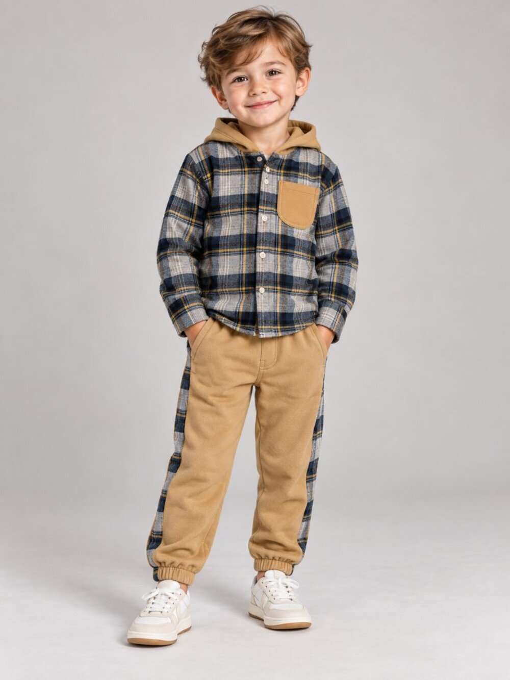 DKNY Boys Plaid Flannel Hoodie & Fleece Joggers Set Size 4